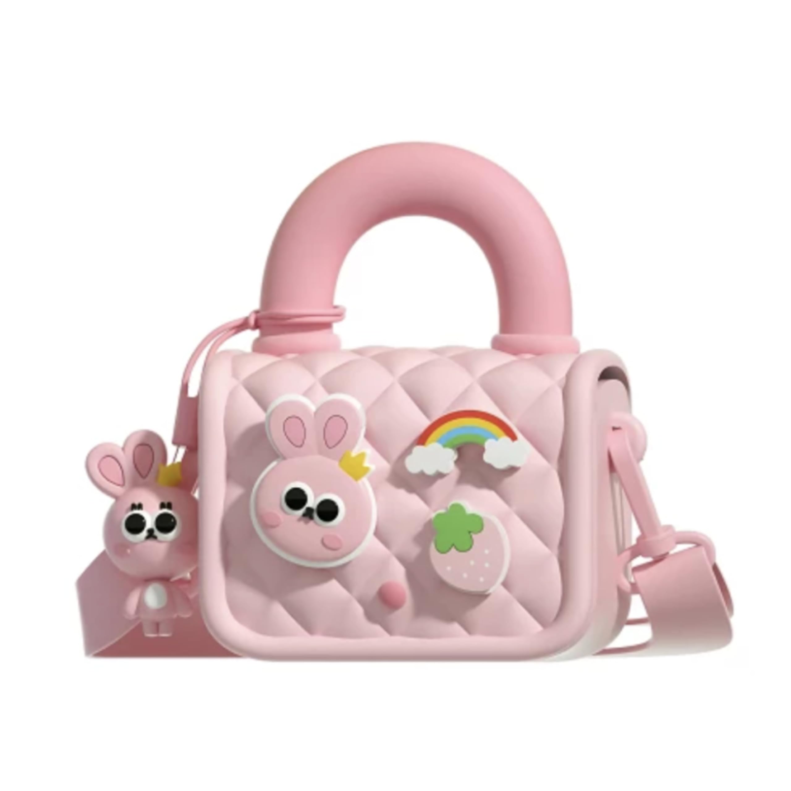 Pink Silicone Cartoon Handbag for Girls – Cute Toddler Shoulder Bag with Rainbow & Strawberry Charms | Soft Crossbody Purse for Kids
