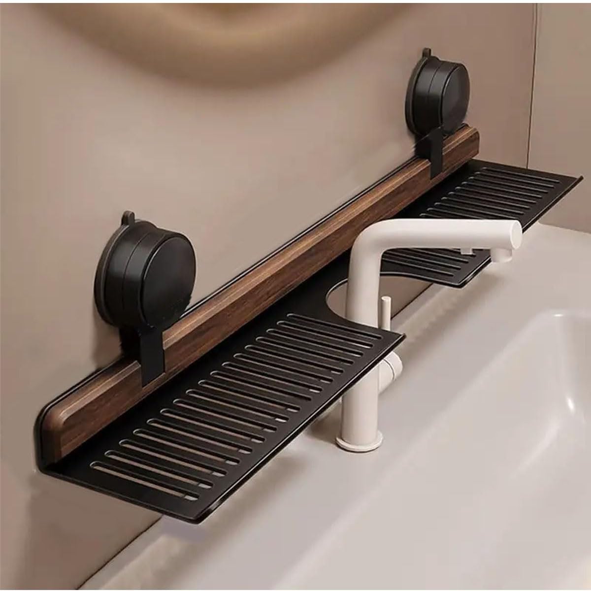 ZQFHSX Suction Cup Shelf for Bathroom & Kitchen Over Faucet Sink Rack Removable Wall Mounted Vanity Tray Space Saving Storage Solution (Black 50cm)