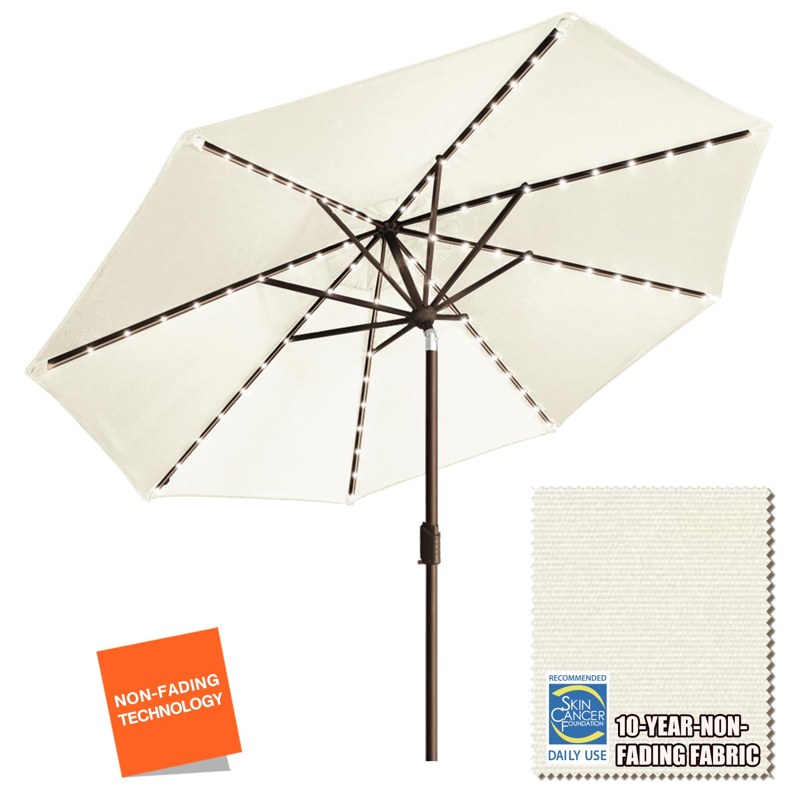 EliteShade USA 10-Year-Non-Fading Solar 9ft Market Umbrella with 80 LED Lights Patio Umbrellas Outdoor Table Umbrella with Ventilation, Natural