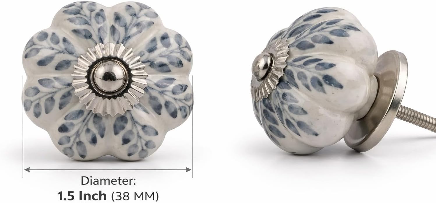 Grey Ceramic Cabinet Knobs – Floral Vintage Drawer Pulls with Stainless Steel Hardware, Decorative Kitchen Cupboard Handles for Dresser, Wardrobe, Closet & Furniture (Pack of 12)