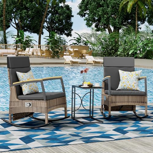 BALDPER 3 Pieces Outdoor Recliner Chair Set, Rattan Wicker Rocking Chairs with Adjustable Backrest, Cushions, and C Shaped End Table for Patio Home Backyard Garden, Grey