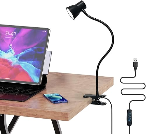 Miniatura 1 de LUJOLUMIN - Lámpara de escritorio con clip, luz de lectura USB, luz de abrazadera LED flexible para el cuello con 3 opciones de temperatura de