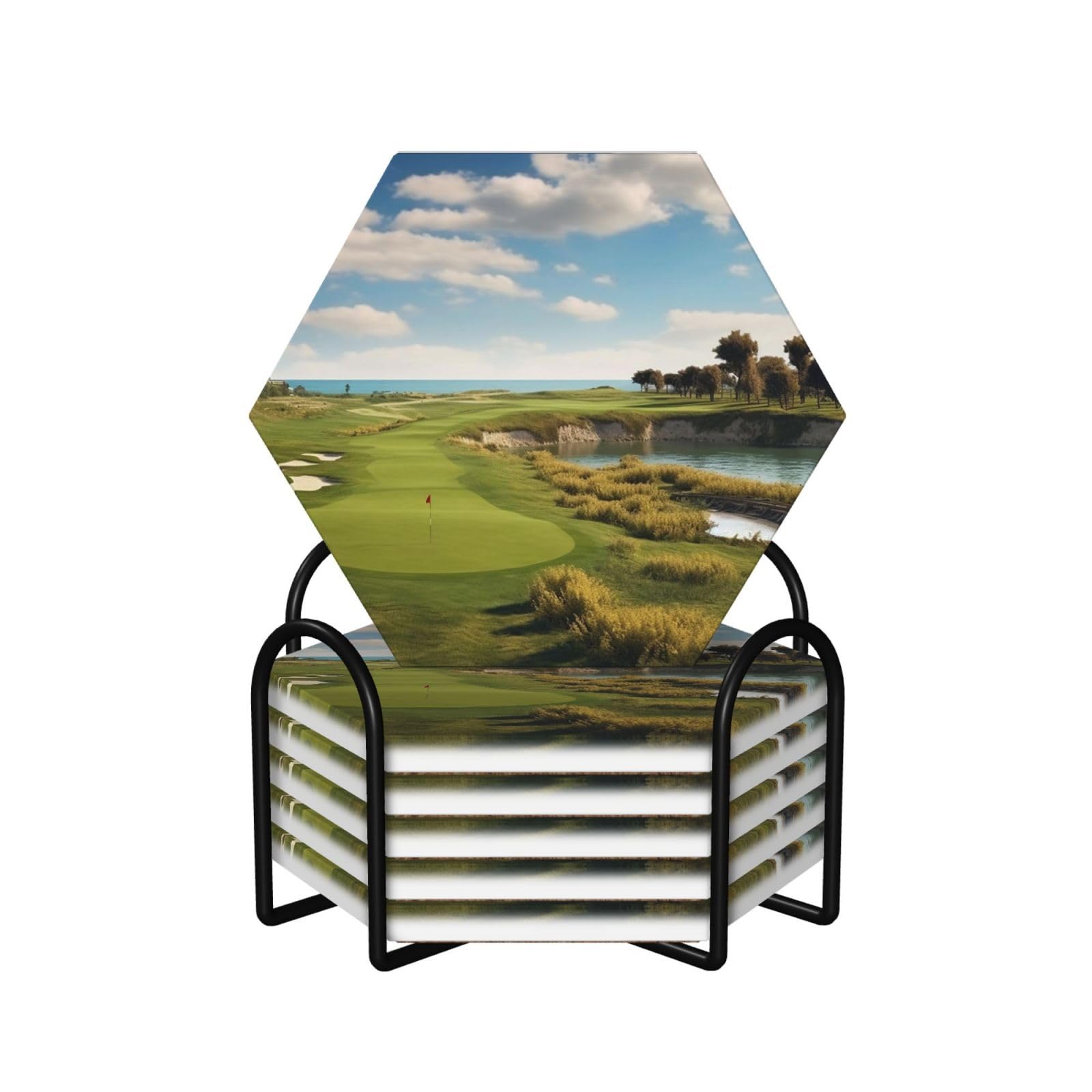 Drink Coasters Set of 6 Non-Slip Ceramic Coasters with Holder Golf Course Coasters for Drinks Tabletop Protection Cups Mugs Mat Pads for Coffee Table Bar Home Decor