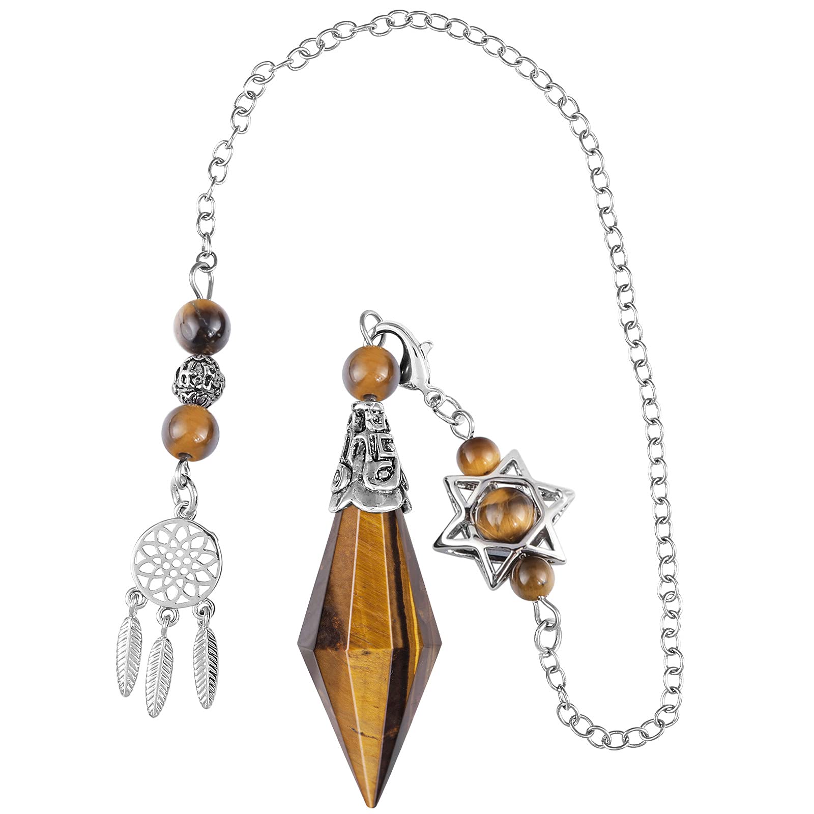 TUMBEELLUWA Reiki Healing Crystal Point Pendulum Dowsing Divination, Reiki Meditation Faceted Stone Pendant with Dream Catcher and Merkaba Star Chain, Tiger's Eye