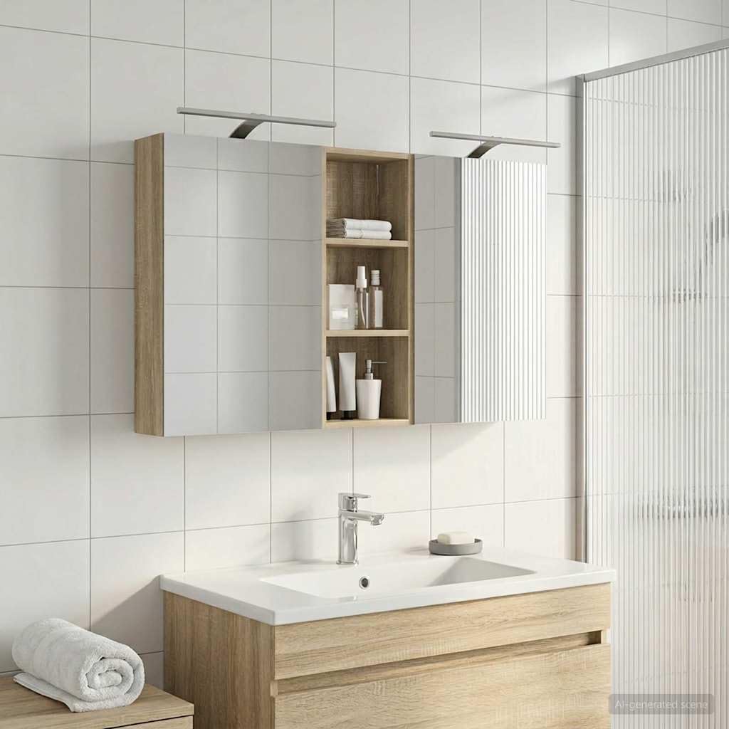 3-częściowy zestaw szafek łazienkowych z materiału drewnopochodnego 130 x 14,5 x 70 cm, montowana na ścianie, z oświetleniem LED i dwukierunkowym lustrem, do łazienki, WC i pralni, miejsce
