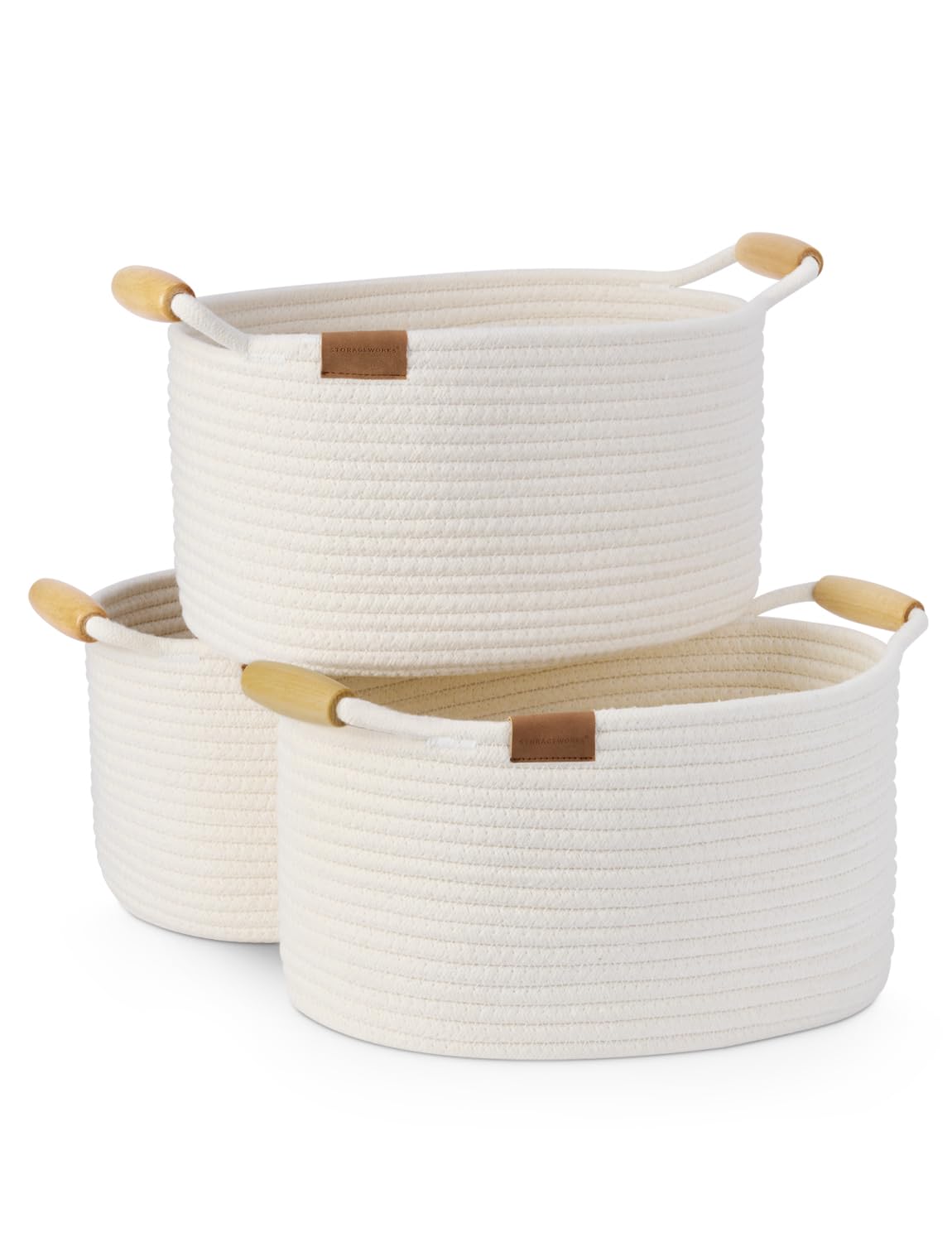 StorageWorks13 Inch Rope Basket for Organizing, Cute Small Woven Storage Baskets with Wooden Handles, Decorative Woven Basket for Nursery, Living Room, Bedroom, White, 3-Pack