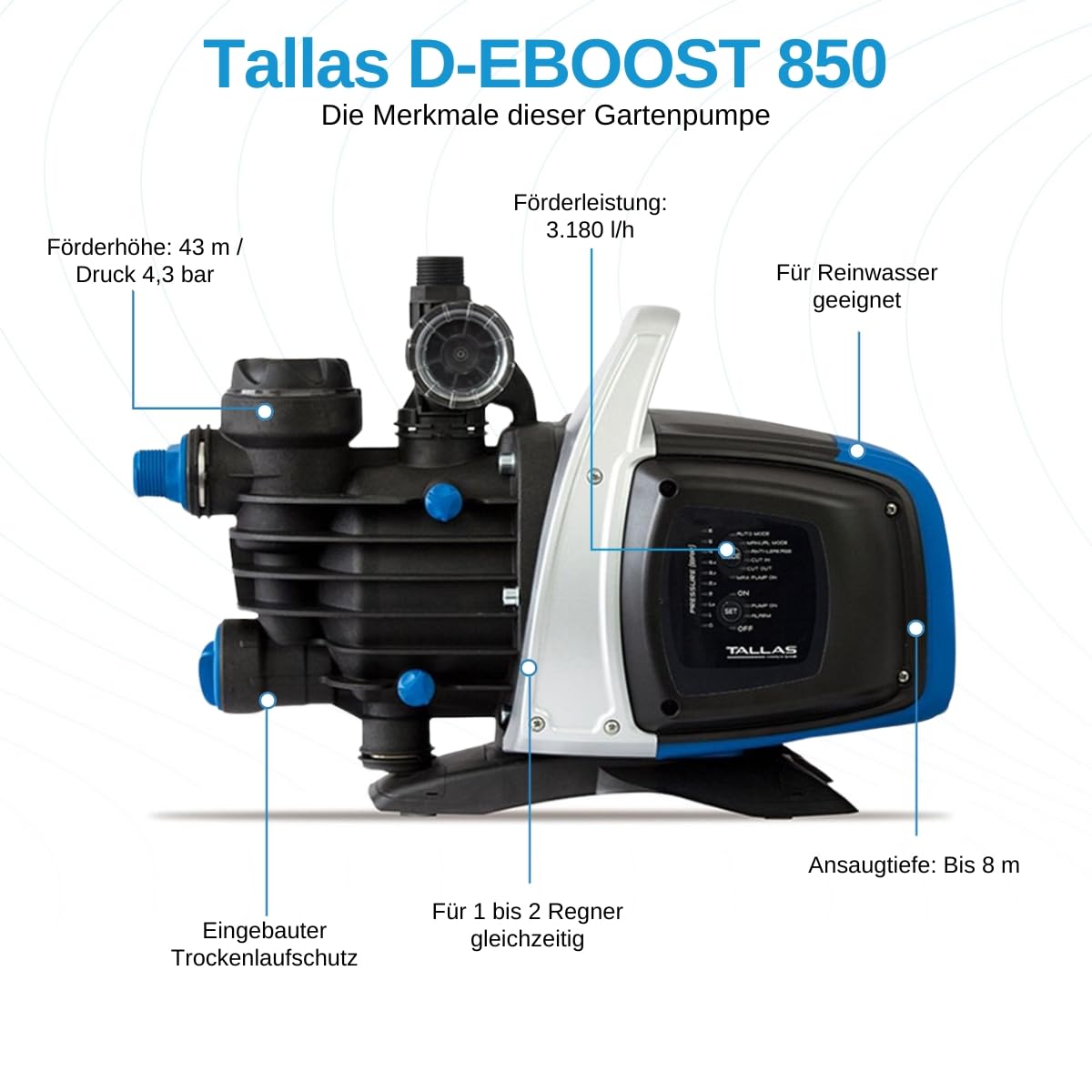 Tallas Premium automatyczna pompa zraszająca D-EBOOST 850/45 850W, 3,2m3/h, 8m max ssania niebieski