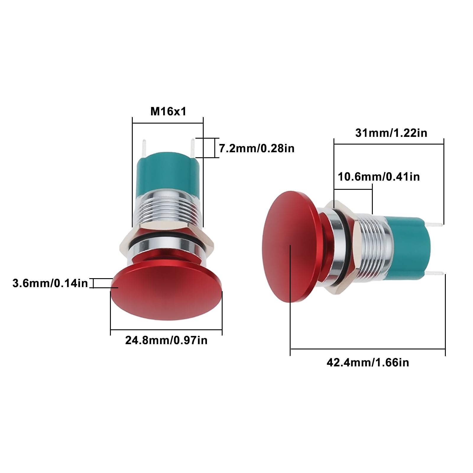 EMSea 16mm Mushroom Head Momentary Push Button 12V 10A Waterproof SPST Switch with Wire Red - Image 3