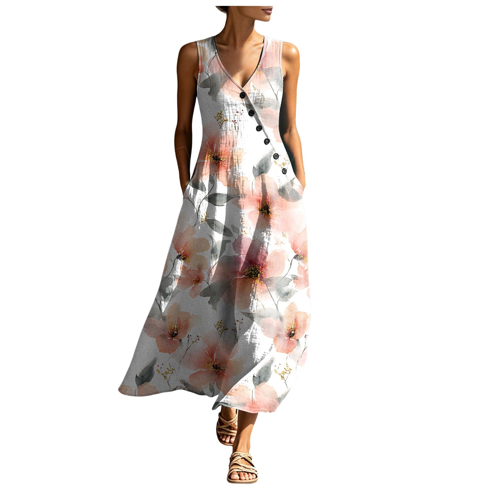 Abbigliamento Estivo Abito Estivo da Donna Senza Maniche con Fantasia Floreale, Bottoni Asimmetrici e Scollo a V. Vestito Mare Donna