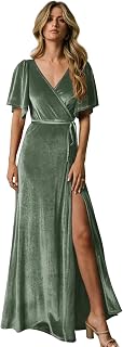 Women's Flutter Sleeve Bridesmaid Dress Velvet V Neck Formal Party Evening Dresses with Slit