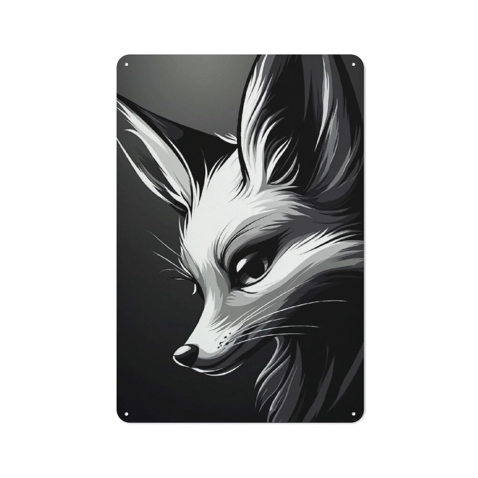 Junmoney Style-19 Tin Wall Plaque 30X20cm With Fox Portrait In Black And White For Home Bar Wall, New-Space Wall Decor For Hosts Who Enjoy Retro Interiors