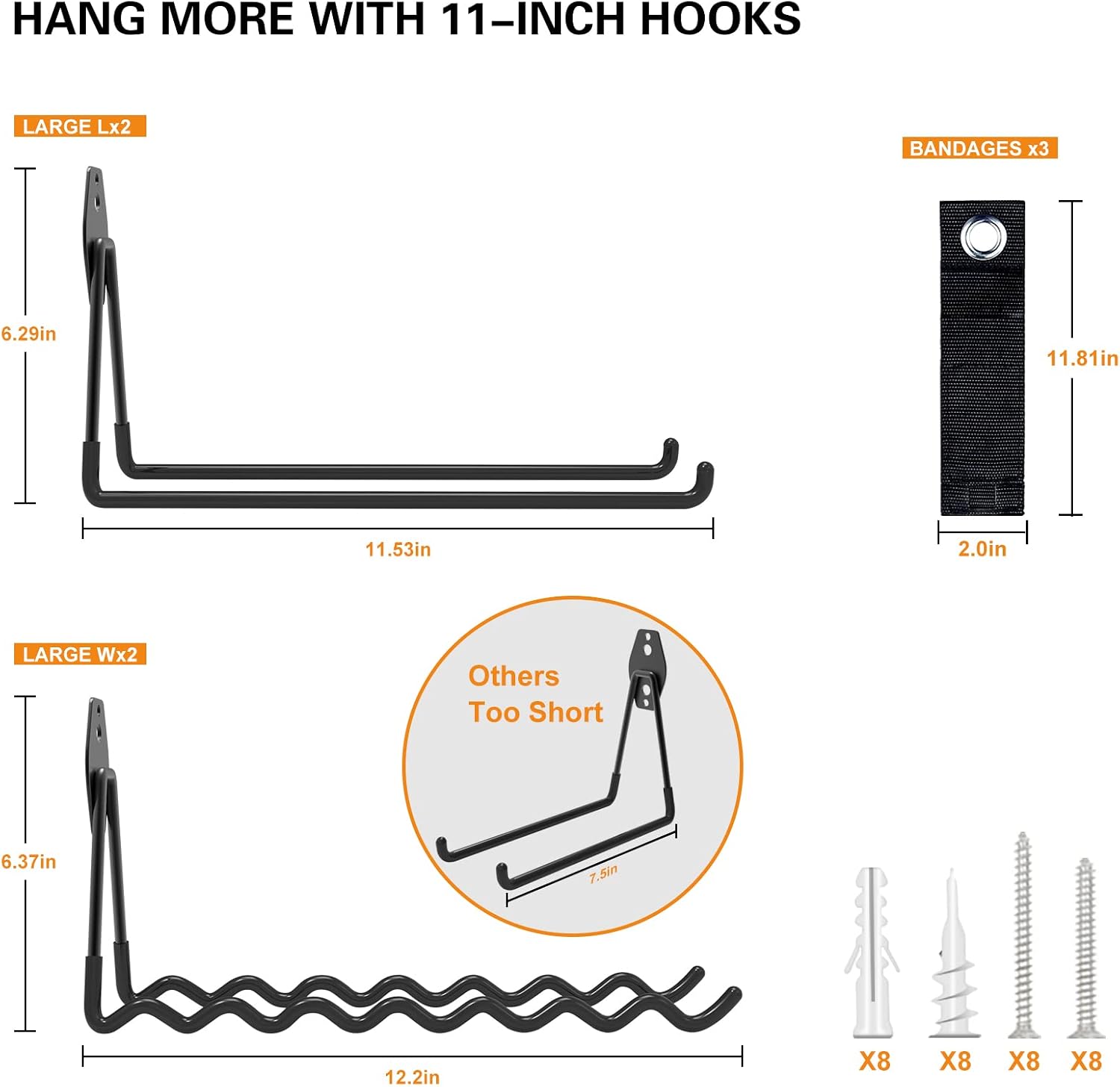 6 Pack 12 INCH Long Garage Hooks Heavy Duty with Extension Cords Organizer, GLESUN Utility Wall Mount Hooks Garage Organization, Tool Organizer Hangers for Ladder Bike Garden Yard Power Tools Chairs