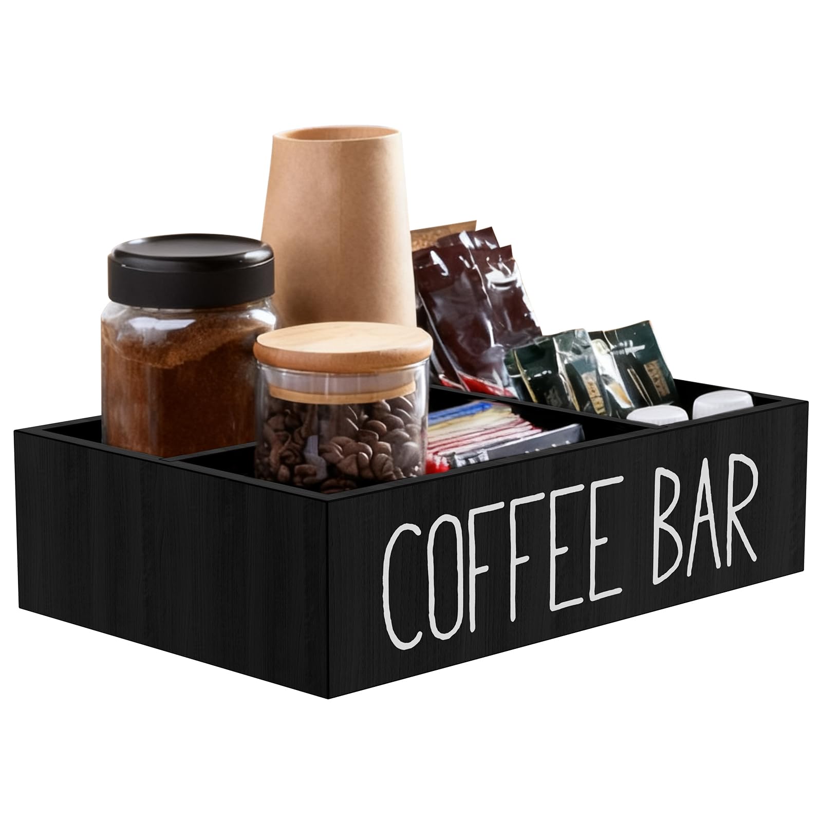 YUNYOUC Coffee Station Organizer, 4 Compartments Coffee Condiment Storage, Wooden Kitchen Storage Shelf for Sugar, Creamer, Tea, Bar Accessories Caddy for Home, Office(Black)