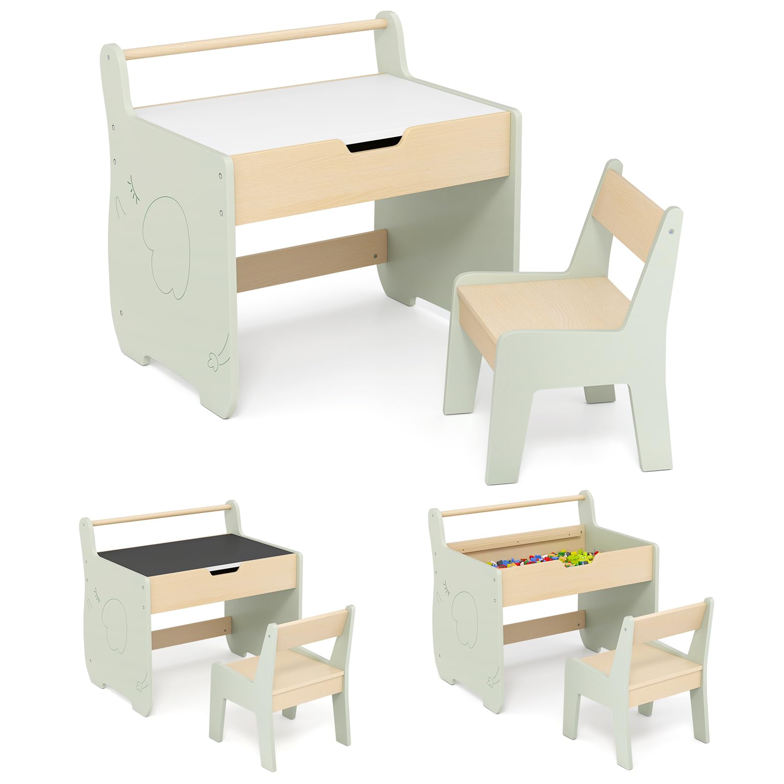GOPLUS Table Enfant avec Chaise, 3 en 1 Bureau Enfant en Bois avec Rangement, Tableau Reversible Blanc/Noir, Porte-Rouleau de Papier, Petite Table d'Activités pour Dessiner Manger Etudier (Vert)