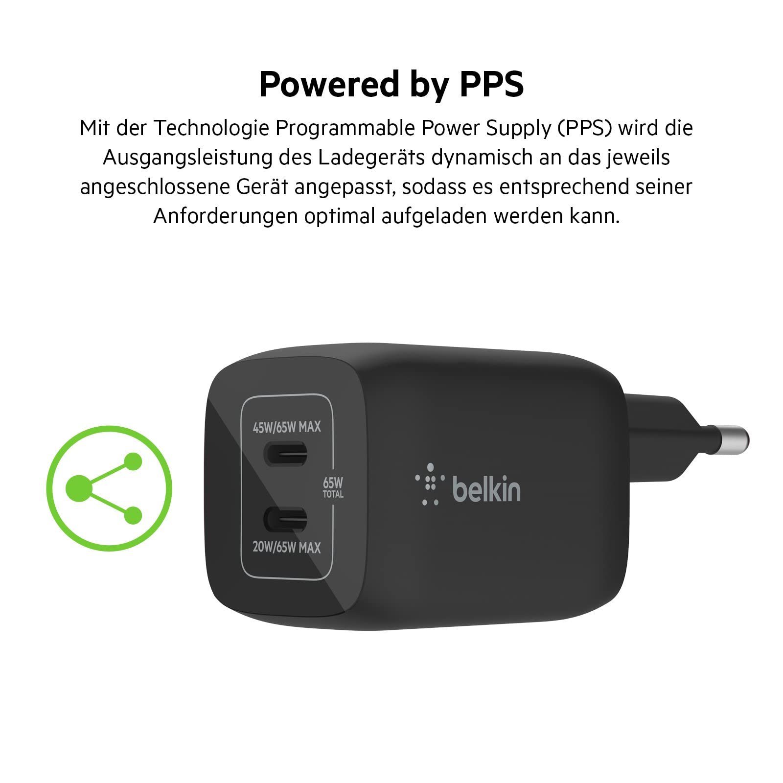 Belkin 65-W-USB-C-Ladegerät mit 2 Ports, Schnellladen mit Power Delivery 3.0 und GaN-Technologie für MacBook Pro, iPhone 17, iPhone Air, iPad, Galaxy S25, Pixel 10, Laptop, usw - Schwarz