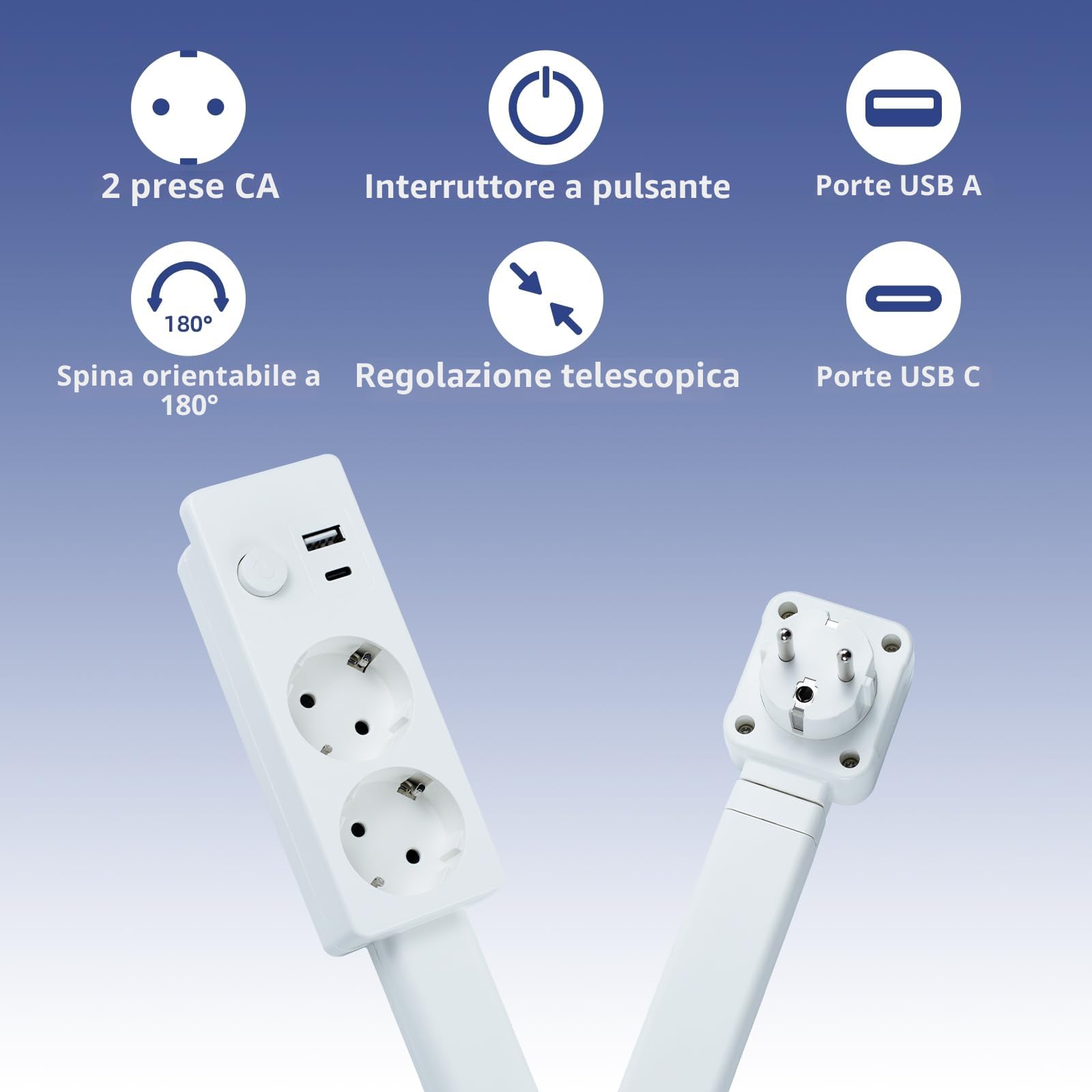 Multipresa con porte USB-A, USB-C e 2 prese di corrente, prolunga da parete estensibile e rotante, ideale per comodini, divani, scrivanie e altri luoghi di difficile accesso.