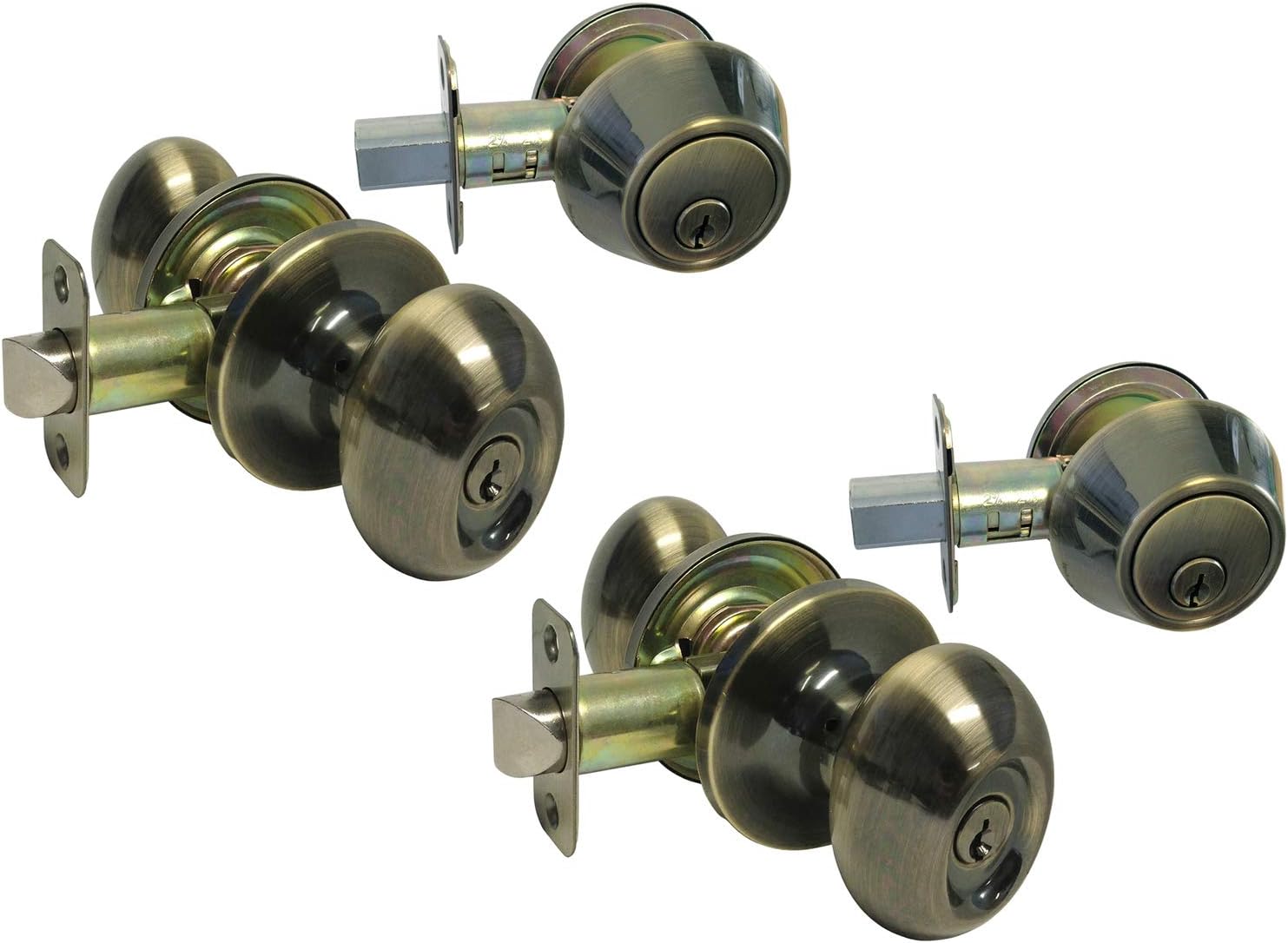 eBuilderDirect Antique Brass Entry Entrance Oval Egg Shaped Knob Handle with Matching Single Cylinder Deadbolt Combo Pack Keyed Alike 6093AB (4 Set)