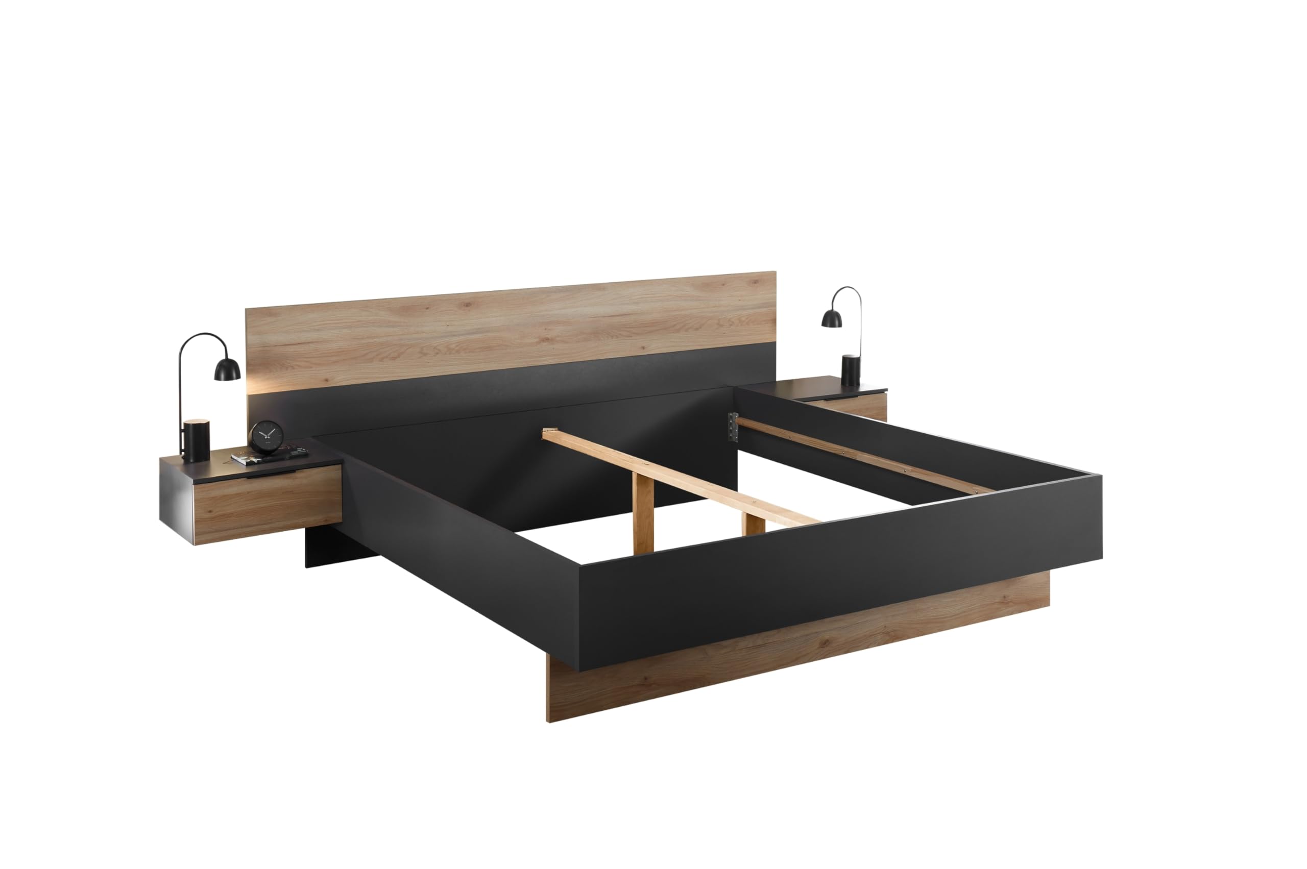 möbelando Bettanlage >Aska< Modernes Bett mit 2 Nachtkommoden, Stauraum, 180x200 cm Liegefläche, Graphit und Mauvella Eiche Dekor, Pflegeleichte Oberfläche, zerlegt geliefert, 285x95x205 (BxHxT)