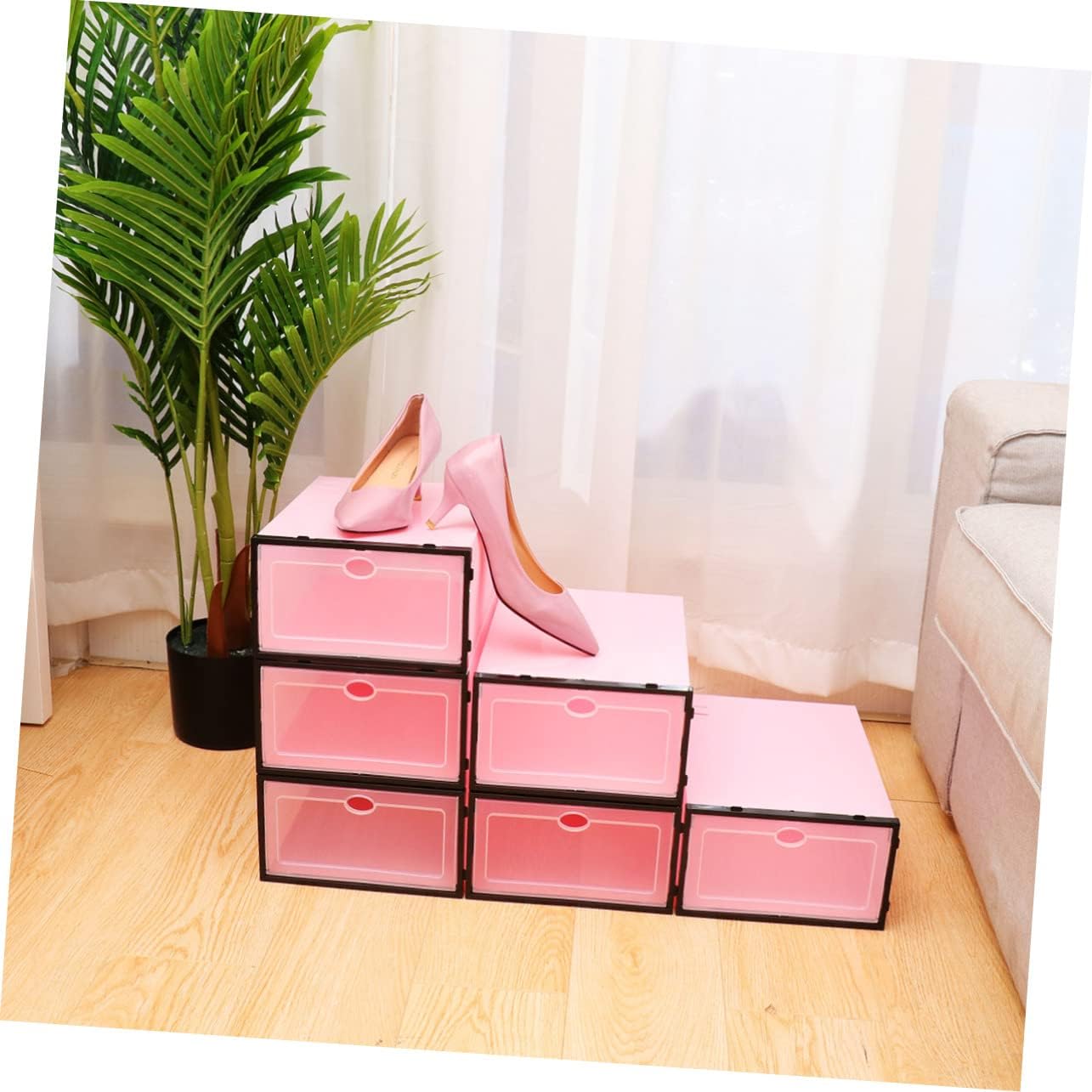 HEALLILY 6Pcs Stackable Shoe Container Thicken Transparent Shoe Box with Black Frame Storage for Closet and Entryway for Organizing Footwear Pink