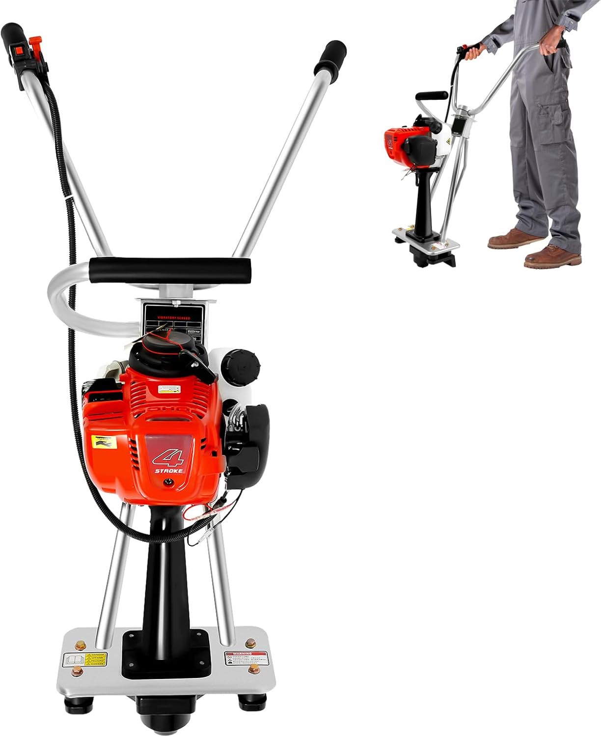 4-Stroke 35.8CC Concrete Power Screed, 900W Gas Vibrating Concrete Power Screed Motor Air-Cooled Concrete Vibration Leveling Machine w/0.17GAL Oil Tank for Construction Site (All-Stainless Steel Body)