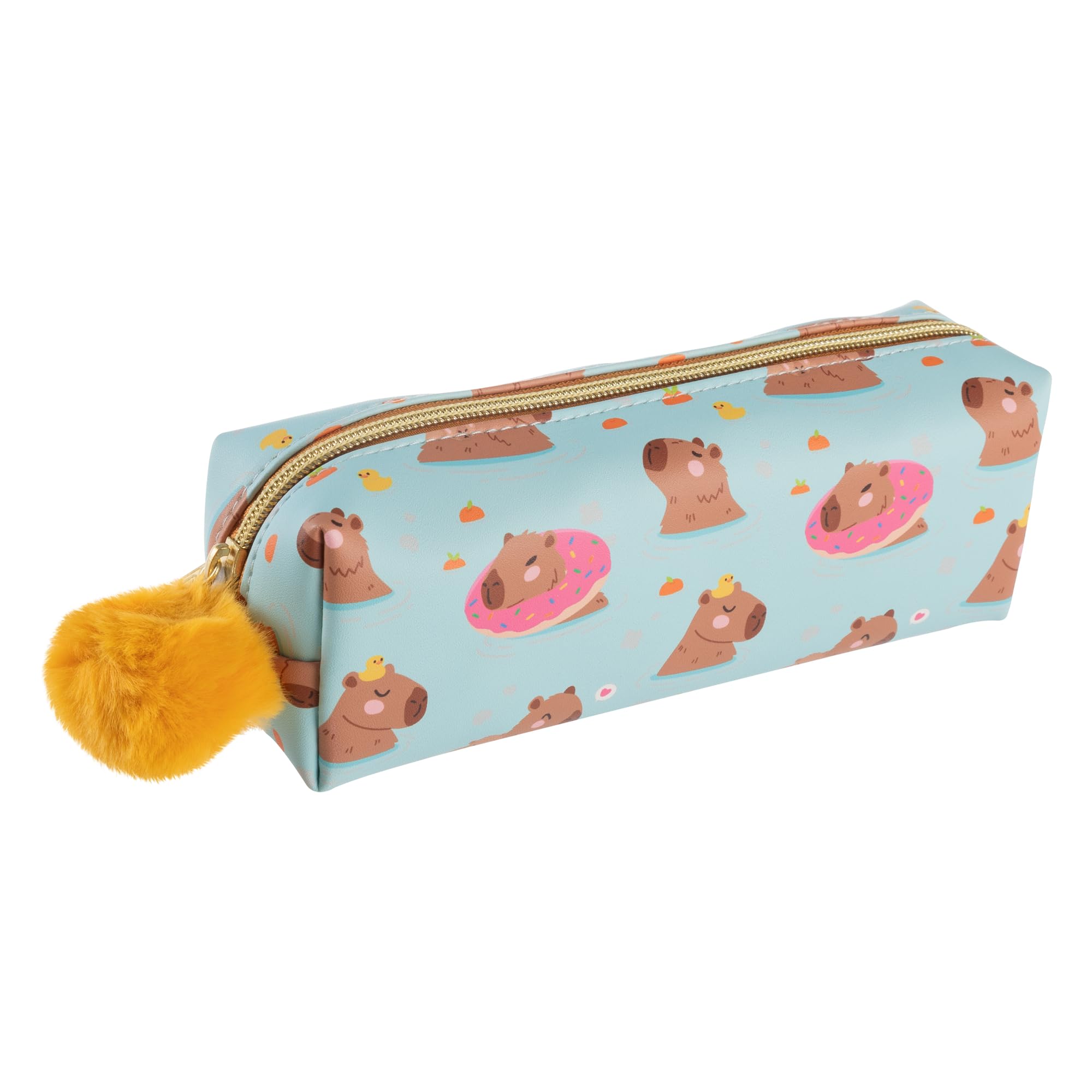 Idena 20221 Fluffy Capybara Pencil Case with Pompom Zip, Approx. 20.5 x 6 x 7 cm Pencil Case in Blue/Yellow