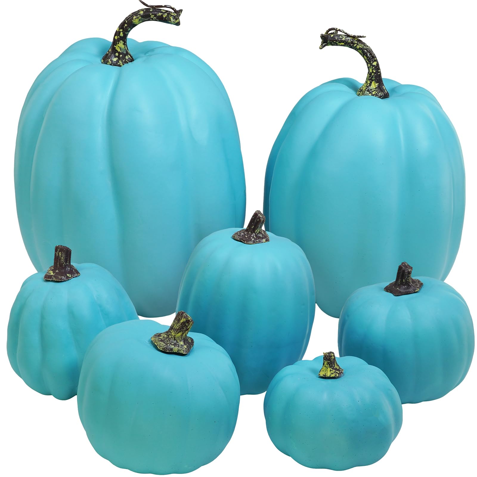 Winlyn 7 Pcs Assorted Artificial Teal Blue Pumpkins Halloween Faux Coastal Decorative Foam Pumpkins for Fall Baby Shower Thanksgiving Halloween Table Centerpiece Shelf Mantel Décor