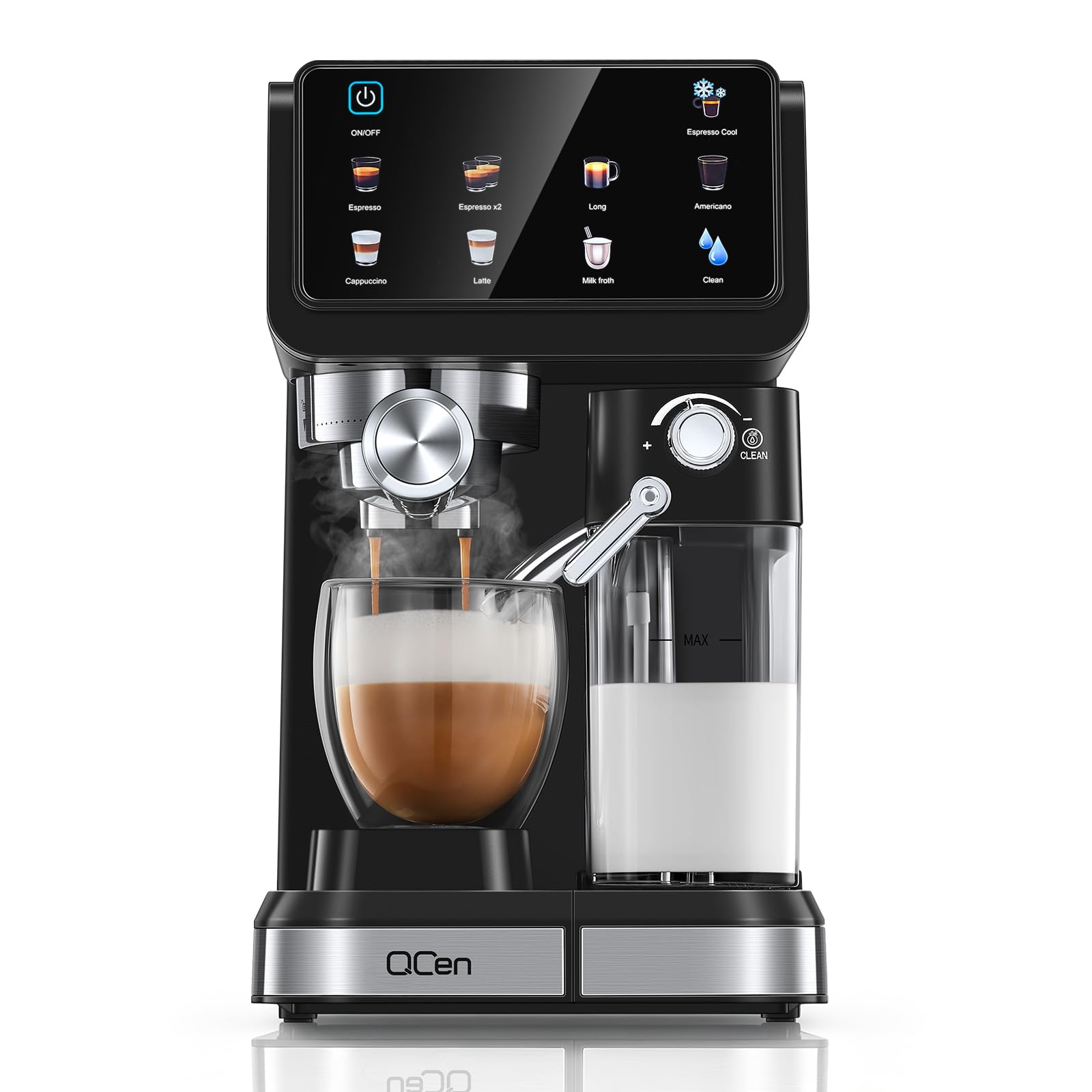 QCen Siebträgermaschine 20 Bar, 9-in-1 Espressomaschine mit Milchtank | 20 Bar Siebträgermaschine aus Edelstahl mit abnehmbarem Milchtank. 9 Automatikprogramme für Espresso, Cappuccino und Latte.