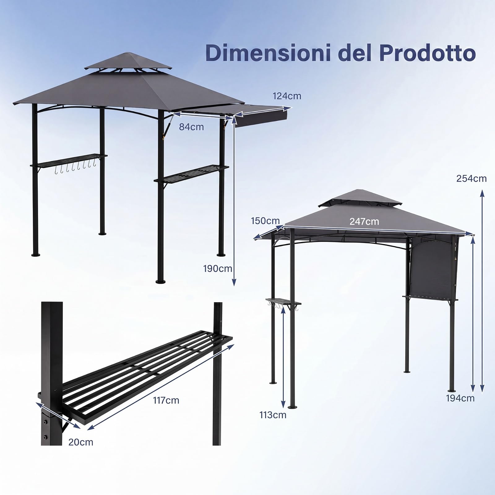 COSTWAY Gazebo per Barbecue 247 x 150 cm, Pergola per BBQ con Telo Laterale Retraibile, 2 Ripiani, 8 Ganci, Struttura in Metallo e Tetto a Doppio Strato per Feste, Barbecue e Picnic