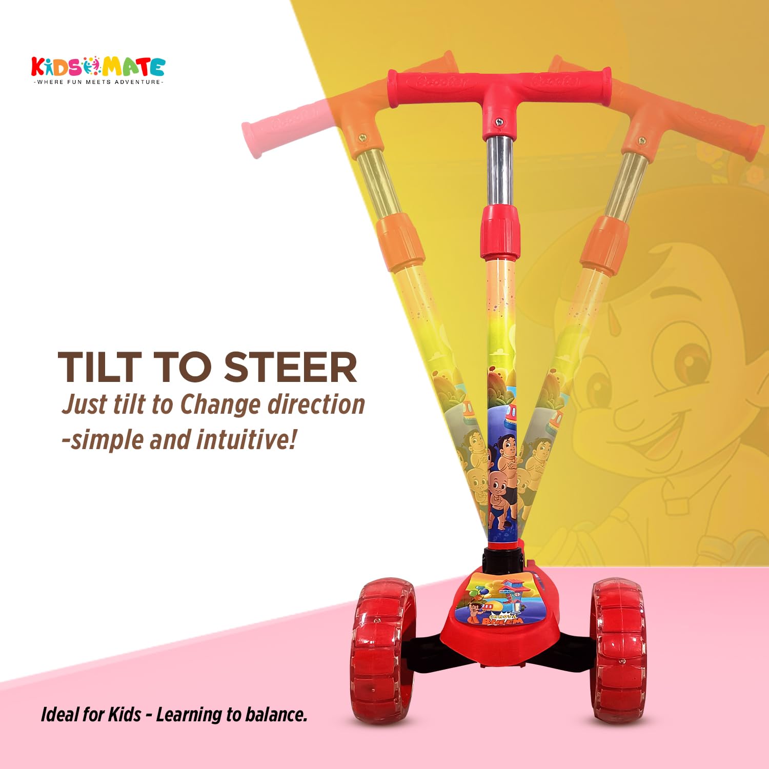 Kidsmate Chhota Bheem® Kick Scooter with Broad LED PVC Wheels | Non-Slip Wide Deck with Push Brake Kids Scooter for Age 3+ Yrs | 4-Level Height Adjustable | Max User Weight 50Kg - Red 3