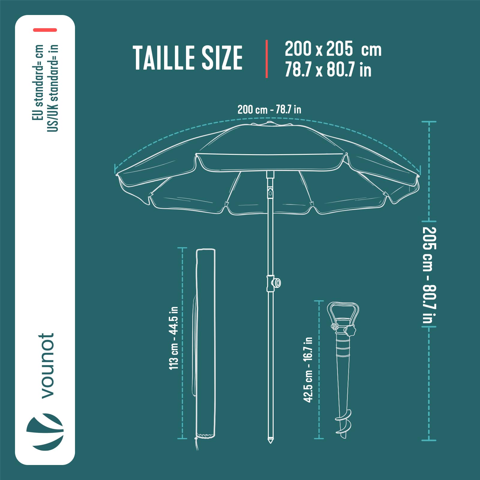 VOUNOT® Ombrellone da Spiaggia 2m Inclinabile Altezza Regolabile, Ombrellone da Giardino con Ancoraggio al Suolo Protezione UV 50+ e Borsa da Trasporto per Balcone, Terrazza e Campeggio, Grigio