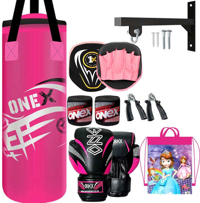 Kids Boxing Set 2ft Punch Bag for Kids with Wall Mount, Boxing Gloves for Children, Focus Pads, Hand Wraps, Grip Strengtheners & Carry Bag Complete Home Training Kit for Boys & Girls (Pink)