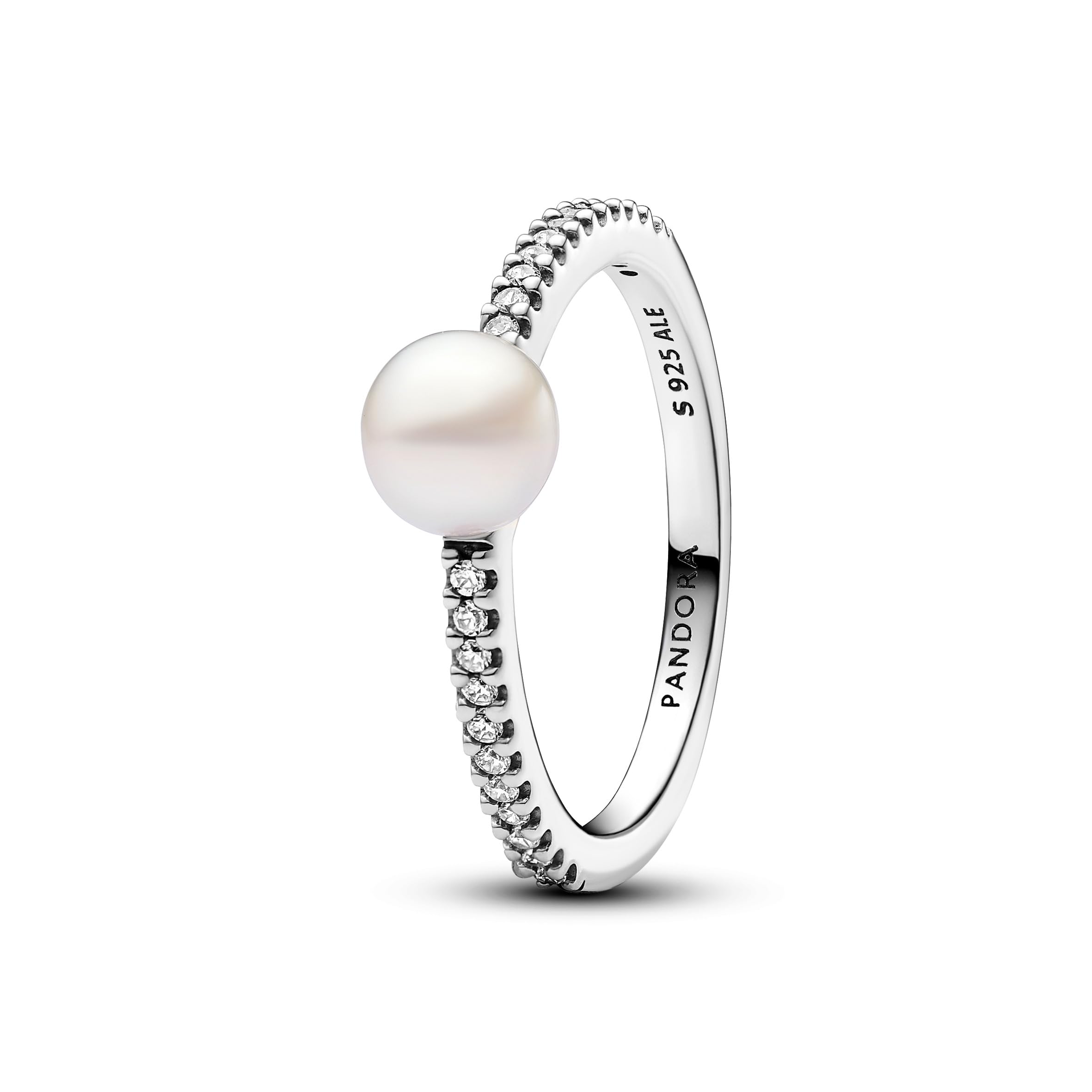 PANDORA Timeless Anillo de plata de ley con perla blanca cultivada de agua dulce tratada y circonitas cúbicas transparentes
