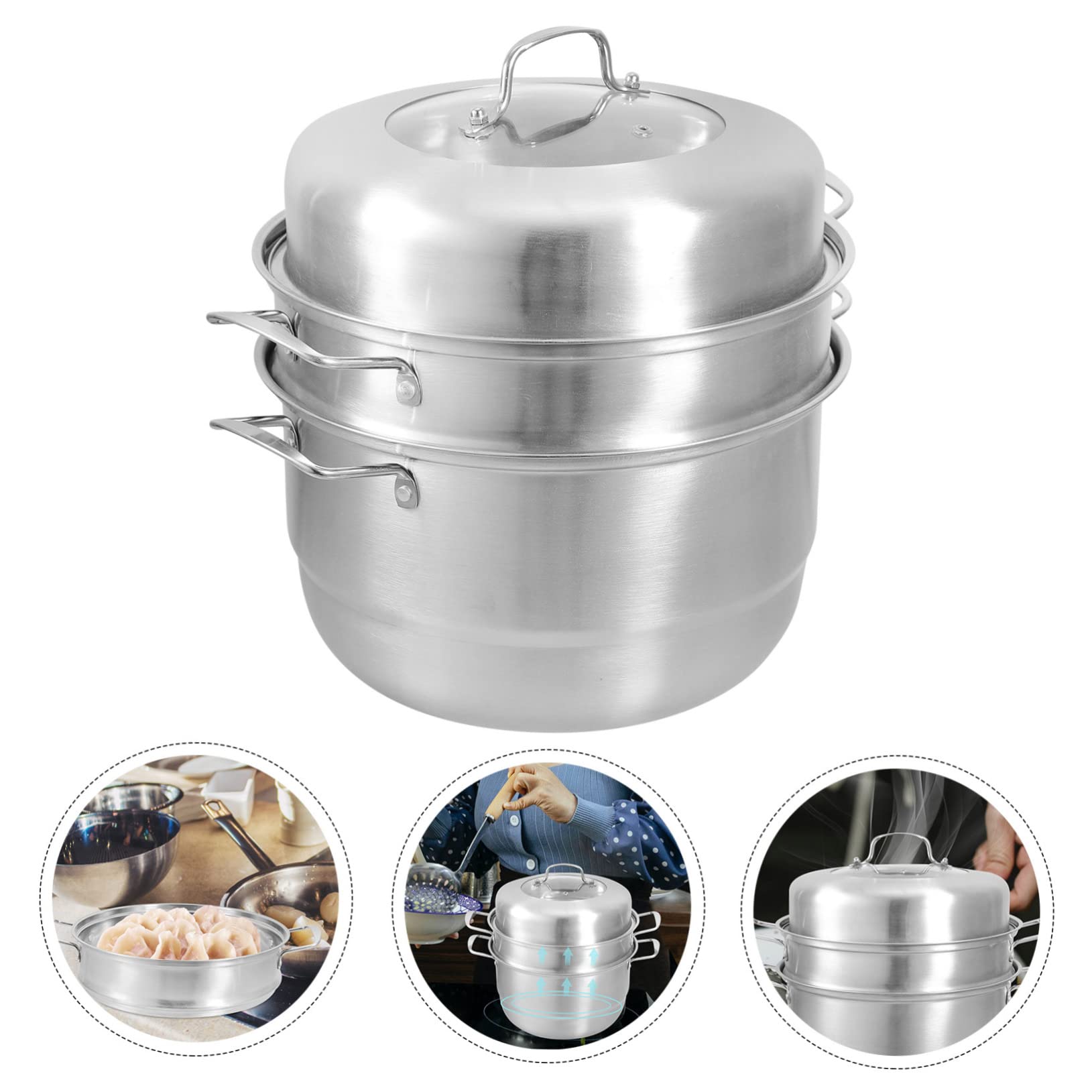 Dampfgarer Topf 3-stufig aus Edelstahl mit Glasdeckel Silber | Multilayer Design, Geeignet für Gemüse, Meeresfrüchte und Fleisch, 1 Satz