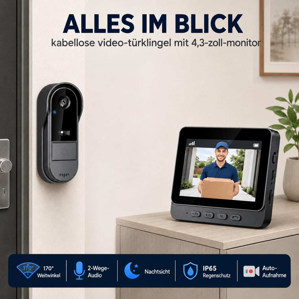 Zeerkeer Funkklingel mit Kamera Türklingel mit Kamera 2.4g Video Türklingel Kabellos mit Video-Zwei-Wege-Sprechanlage, 170 ° Großer Weitwinkel, Erfassung, Echtzeit-Ansicht, Regenfest