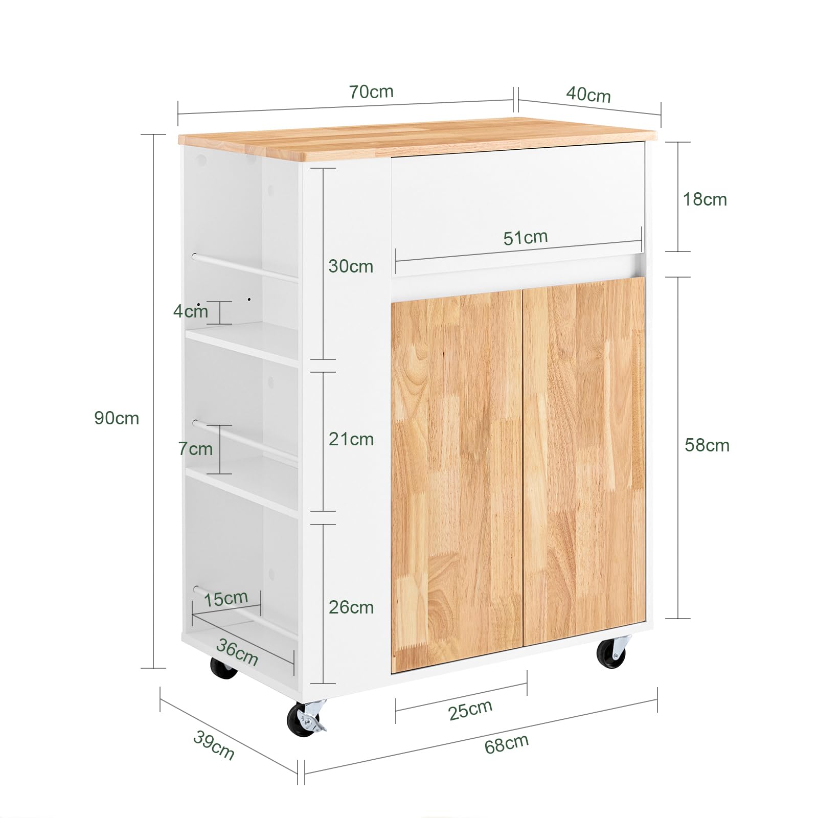SoBuy Carrito de Cocina con Ruedas, 3 Estantes con Barras, 70×90×40cm | Isla de Cocina con Cajón, Armario & Estantes Ajustables, carga 68 kg, MDF/madera de caucho, para cocina & comedor, FKW132-WN