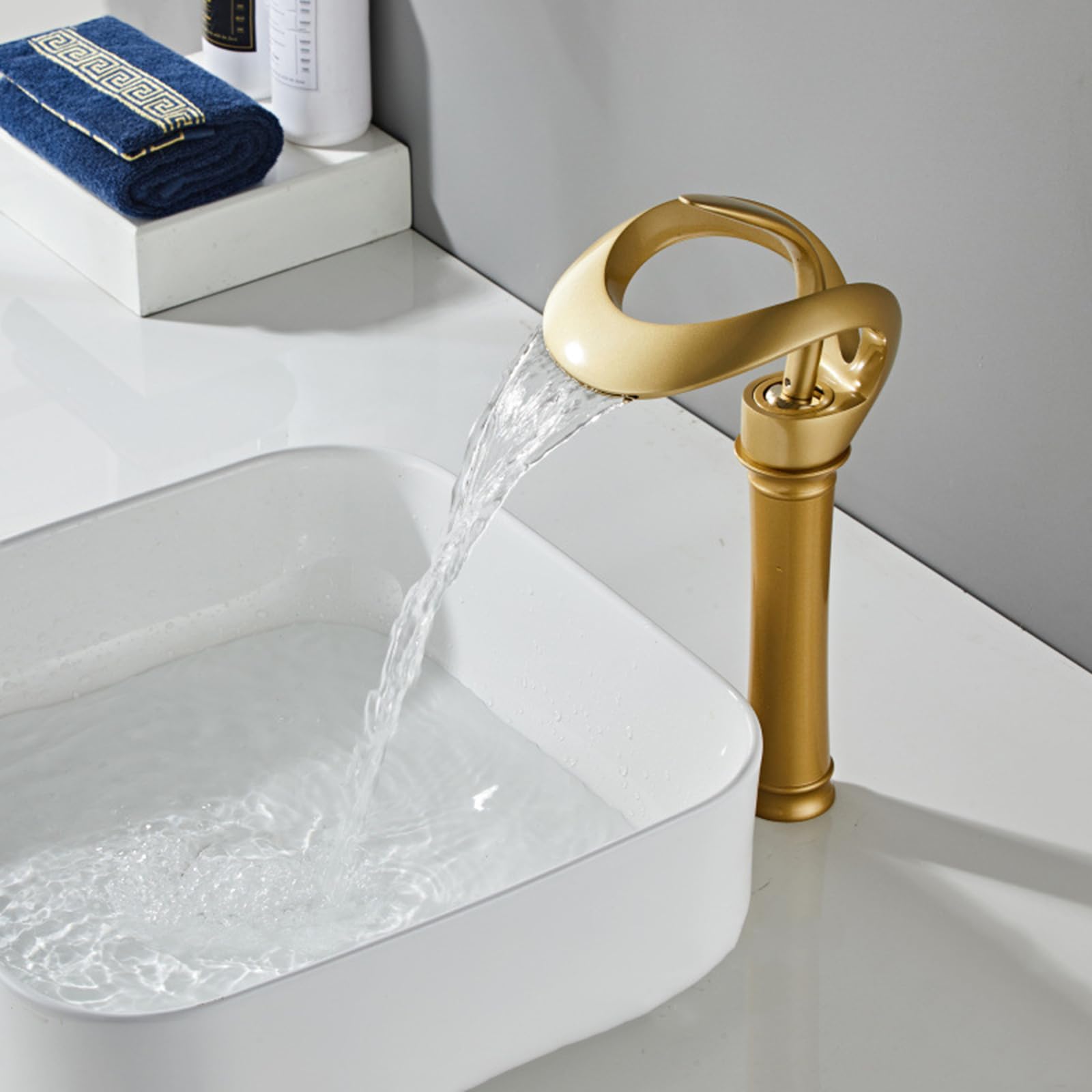 HCFYAUIS Bathroom Tap 1 Hole High Rise Basin Mixer Tap Waterfall Hot and Cold Bathroom Sink Taps,Frosted Gold