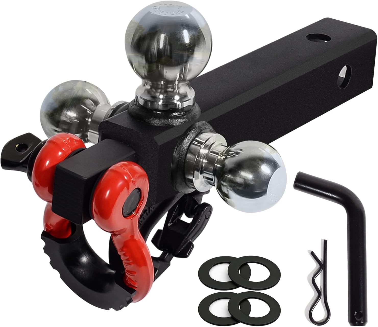 Trailer Hitch Tri-Ball Mount with Hook&Pin&Rotatable Tow Shackle,Fits 2-in Receiver with 1-7/8-in,2-in,2-5/16-in Hitch Ball with Anti-Theft Locking Hitch Pin