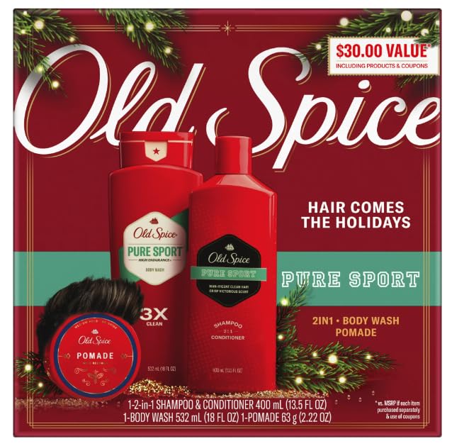Old Spice Men's Hair Style pure sport Holiday Pack (2023 version) 2in1 Shampoo Conditioner, Body Wash & Hair Pomade