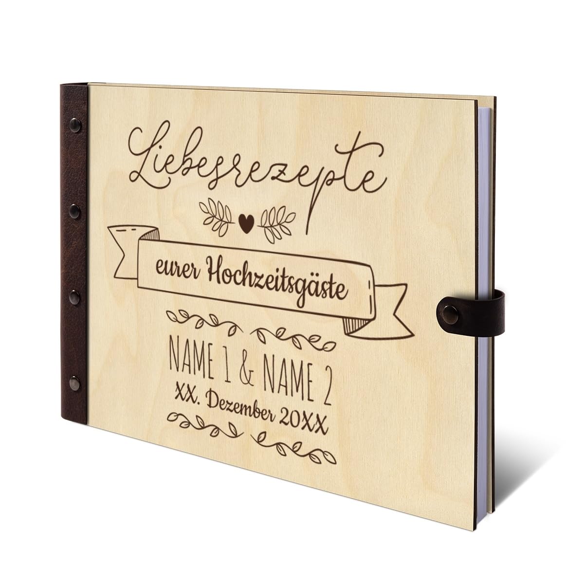 Personalisiertes Kochbuch echtes Holz DIN A4 Rezeptbuch zum selber Ausfüllen mit Lasergravur - mit 72 Blatt / 144 Seiten Naturpapier Weiß