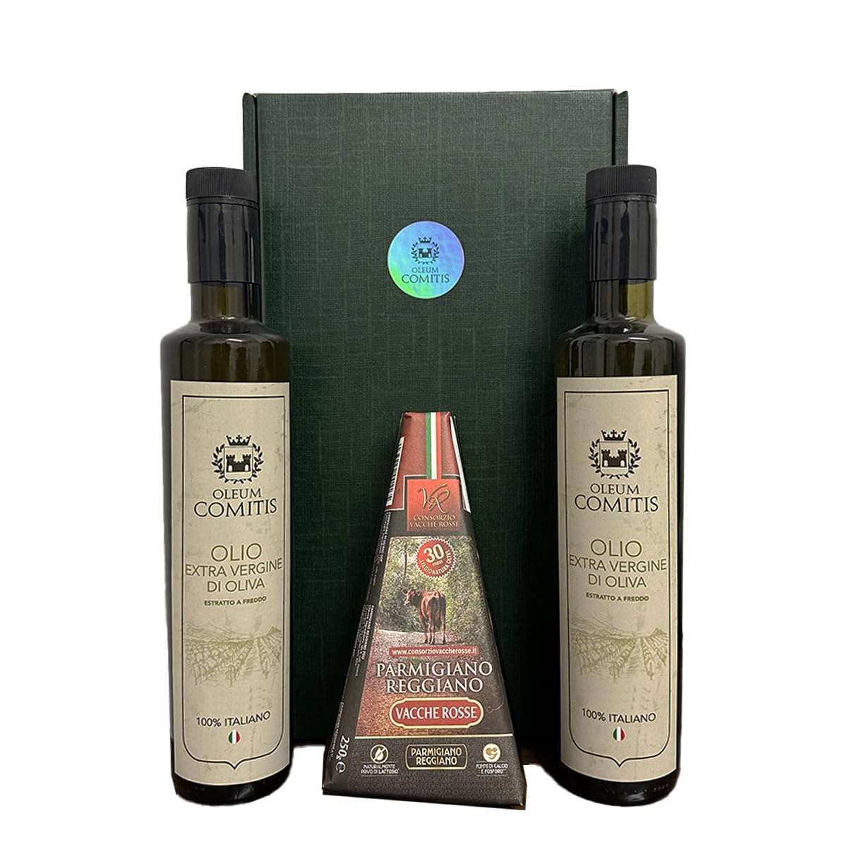 Oleum Comitis - Extra Virgin oliwkowy - 100% włoski ekstrakt na zimno - opakowanie na prezent z 2 butelki po 500 ml i parmezanem Reggiano ChNP, czerwone krowy, sezonowane 30 miesiące