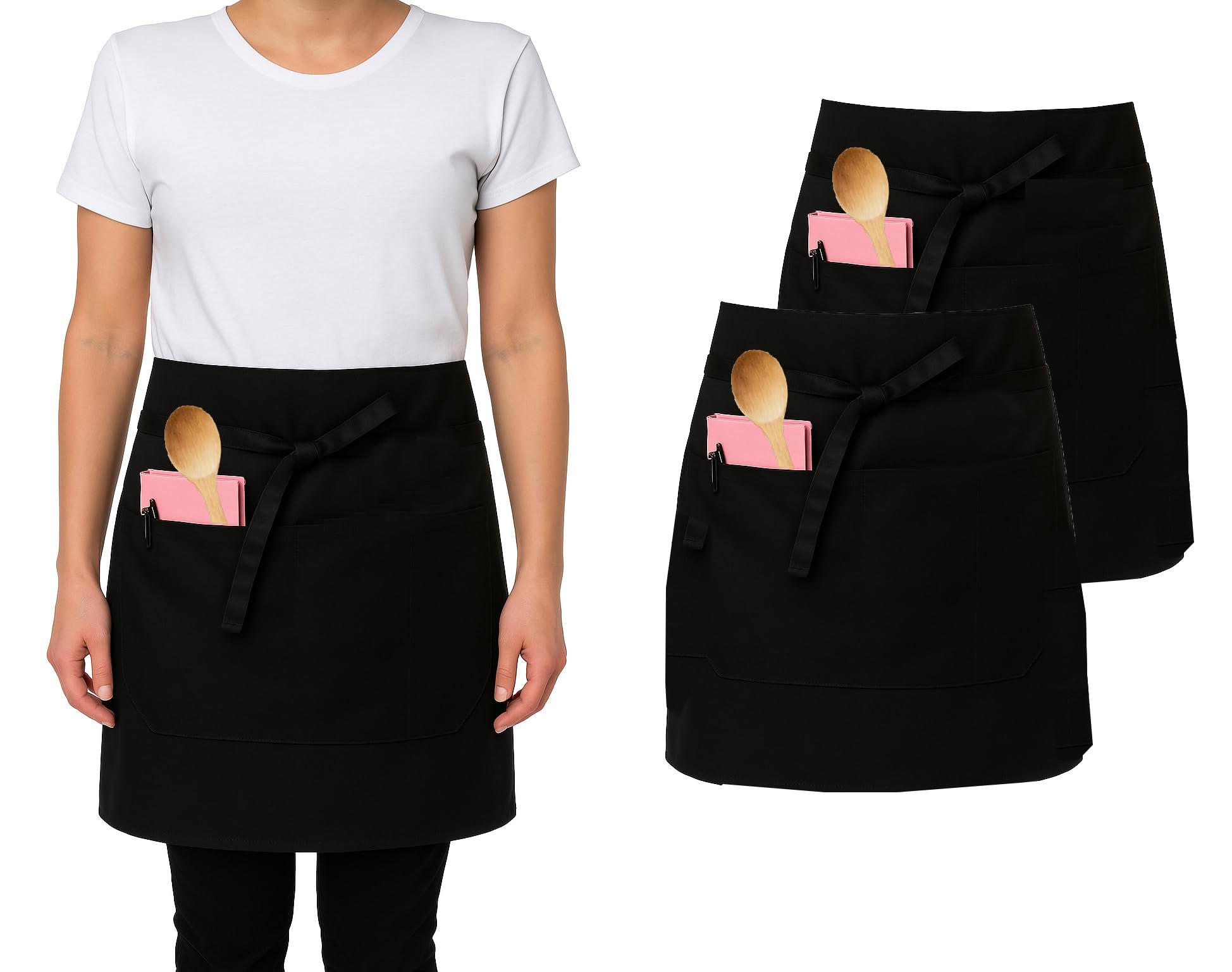 Ibex Unisex Black (2 Pocket) Short Waist Apron With 2 Pocket - Professional Catering, Restaurant, Bar & Kitchen Apron For Chefs, Waiters, Bartenders, Servers & Home Cooking - Black (Pack Of 2)