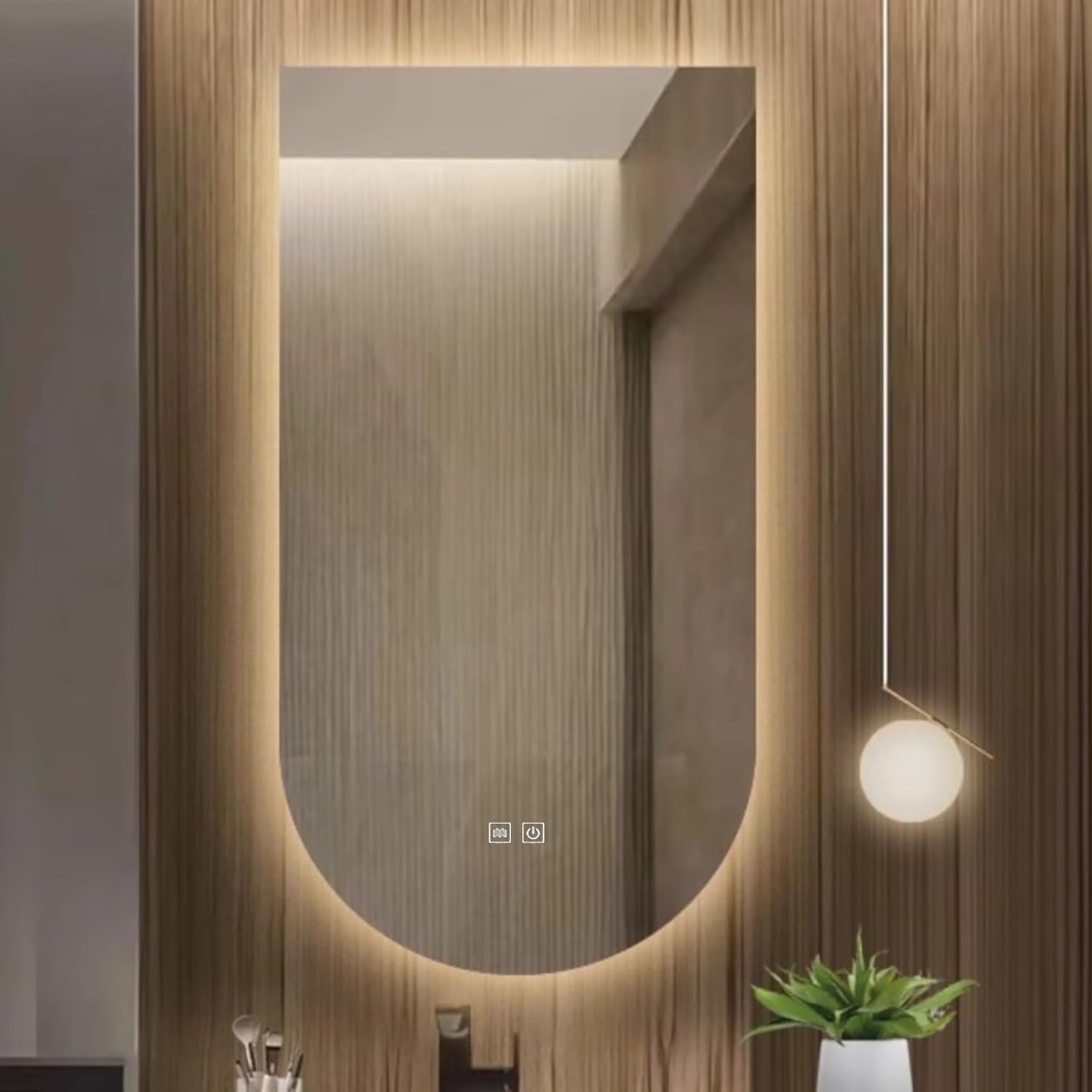 ライト付きアーチ型バスルームミラー、寝室用メイクアップ壁掛け式3色調光照明、バスルーム、ドレッシングルーム、リビング用