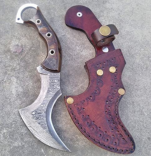 Ottoza Damascus Karambit Knife DOUBLE EDGED and Ram Horn Handle- Claw Knife - Survival Knife - Tactical Knife - Outdoor Knife - Damascus Steel Knife - Damascus Hunting Knife with Leather Sheath No:266