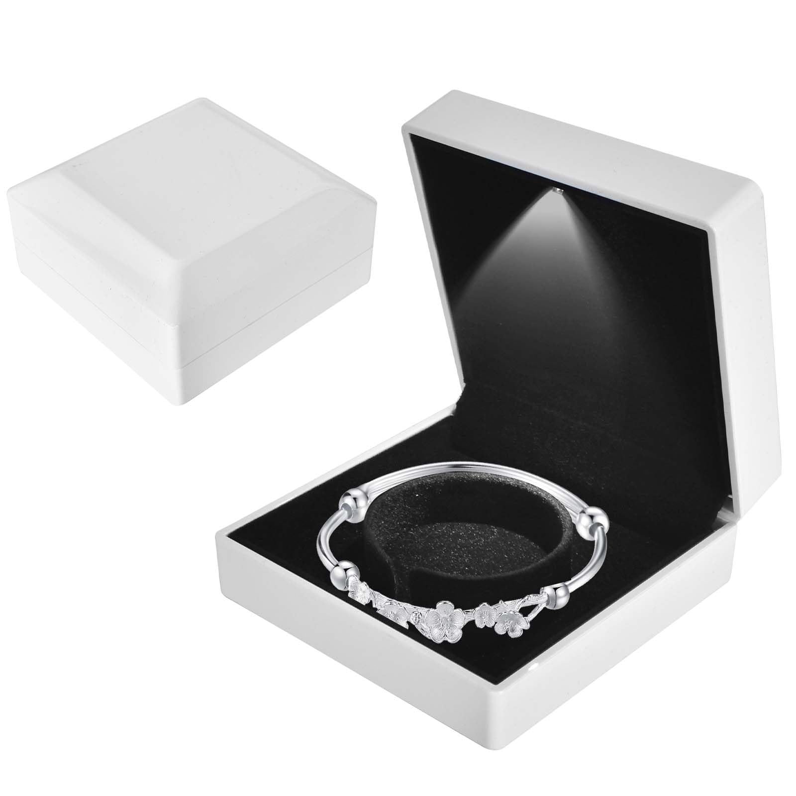 Bracelet Box with LED Light, Velvet Jewelry Pendant Necklace Bangle Light up Storage Display Case, Luxury LED Light Bracelet Gift Box, for Proposal Engagement Wedding Anniversary, 10*10*5cm, White