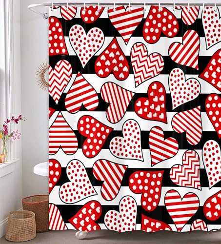Pinpai Valentine'S Day Shower Curtain, Red Heart With Black White Stripes Shower Curtain Set For Bathroom thumb #1