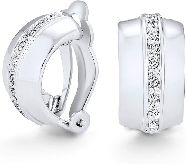 Single Row Crystal Wide Half Hoop Clip On Earrings For Women Non Pierced Ears Polished Silver Tone Plated Brass