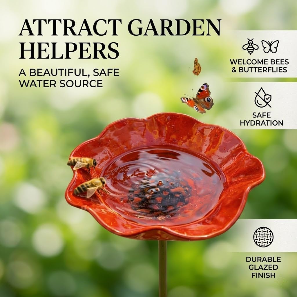 Handmade Metal Flower Garden Stake, Mini Bird Bath and Pollinator Water Station for Bees and Butterflies, Outdoor Yard Decor for Flower Beds, Lawn, Patio (3pc)
