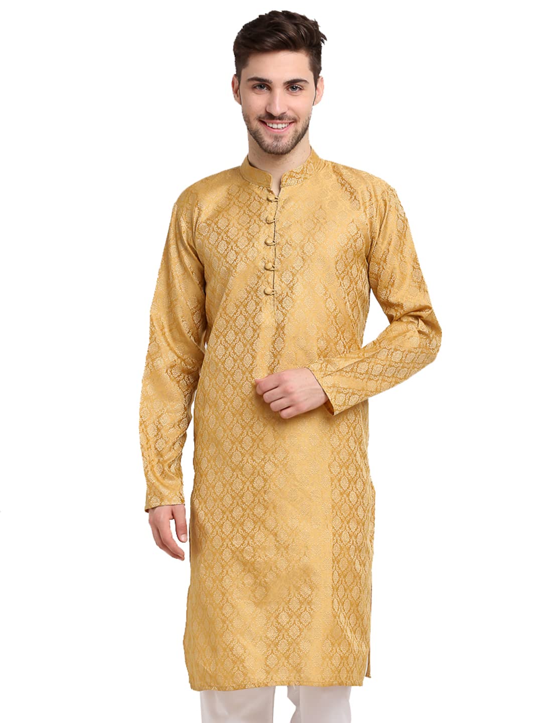Jompers Men's Silk Blend Woven Design Jacquard Kurtas (Kko_568Golden_Xl) Golden