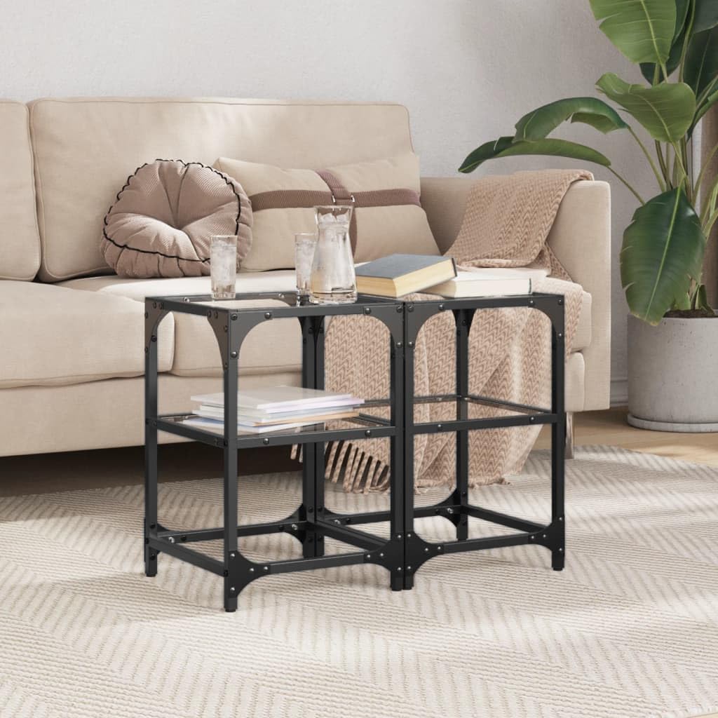 Mesa de centro con placa de cristal, transparente, 30 x 30 x 45 cm, marco de acero, mesa de salón para aperitivos, bebidas, decoración, juego de mesa auxiliar