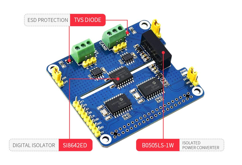 MCP2515 SN65HVD230 2-Channel Isolated CAN Bus HAT for Raspberry Pi, 3.3V/5V Jumper, 120Ω Resistor